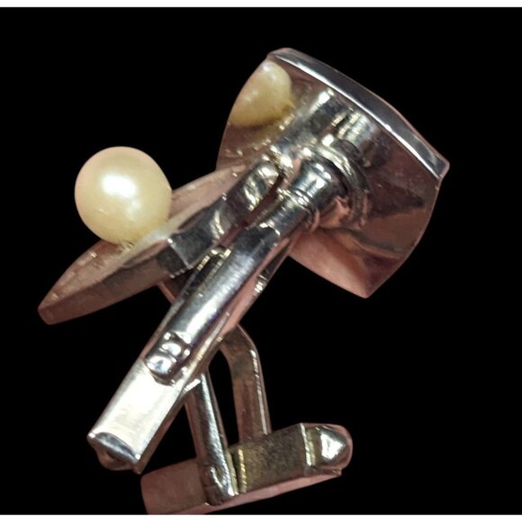 Vintage Engraved Square Silver Tone Cufflinks With Faux Pearl Accents - Picture 2 of 9